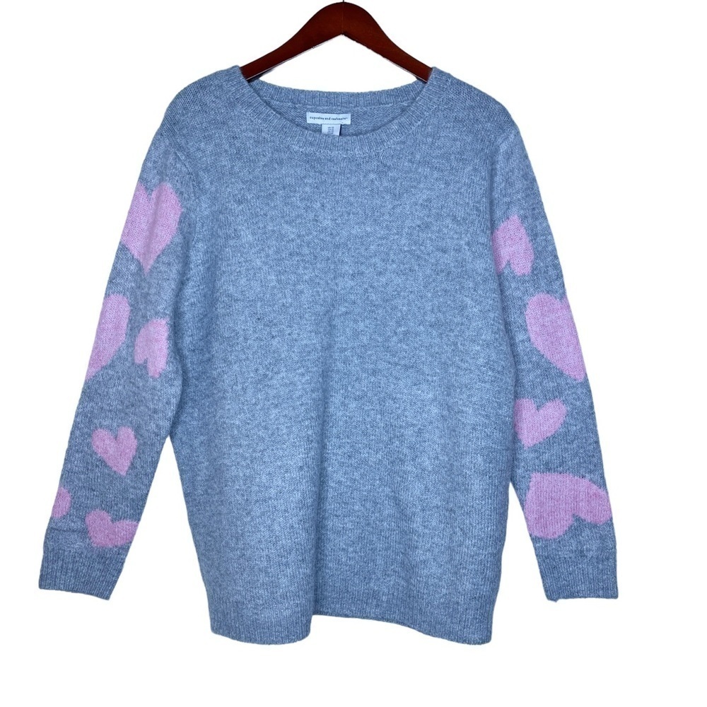 CUPCAKES and CASHMERE NWT Crewneck Hearts Pullover Sweater Size 1X Heather Gray